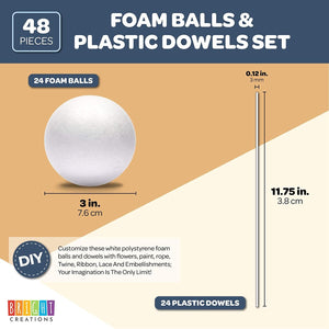 24 Foam Balls and 24 Dowels Set for DIY Arts and Crafts (48 Pieces)