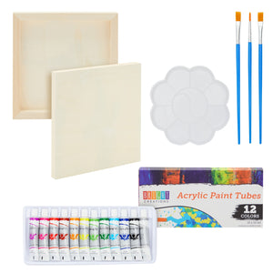 18-Piece 8x8-Inch Wooden Canvas Painting Set, 2 Natural Wood Panel Paint Boards with 12 Acrylic Paint Tubes, 3 Brushes, and 1 Plastic Palette for Crafting and Art Supplies