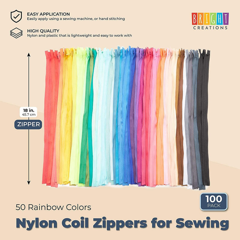 Bright Creations Colored #3 Nylon Coil Zippers for Sewing, 50 Rainbow Colors (19.5 in, 100 Pieces)