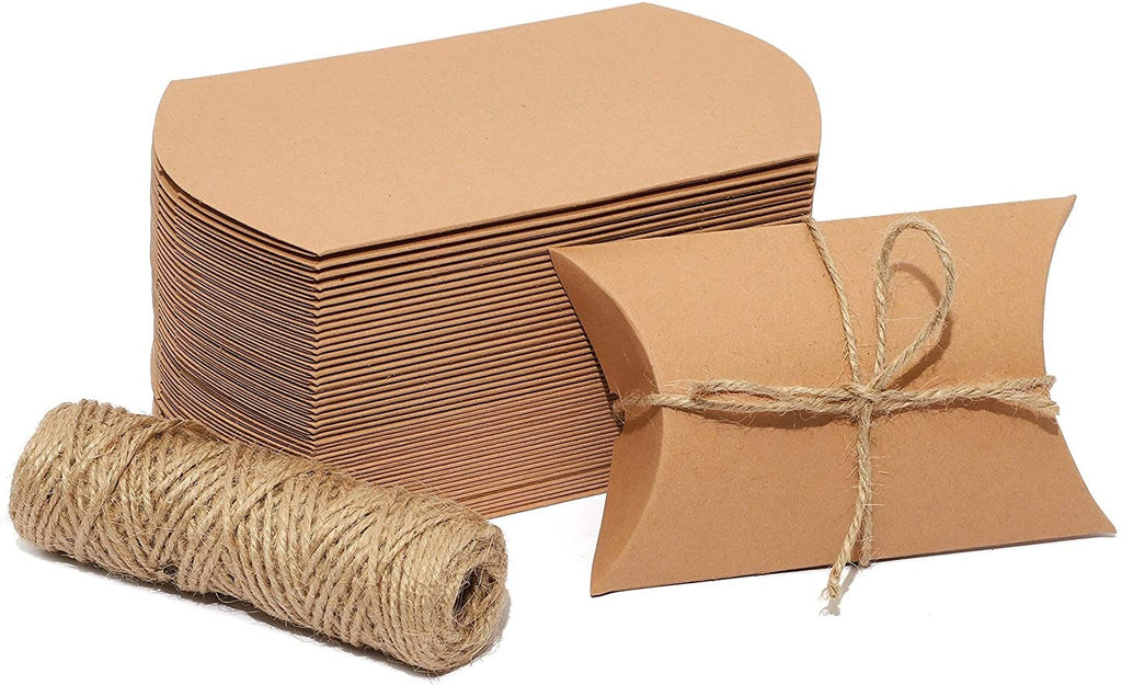 50-Pack Pillow Boxes with Jute Twine - Kraft Paper Pillow Box for Jewelry, Wedding Party Favor, Pen, Gift Card (5x3.5 In)