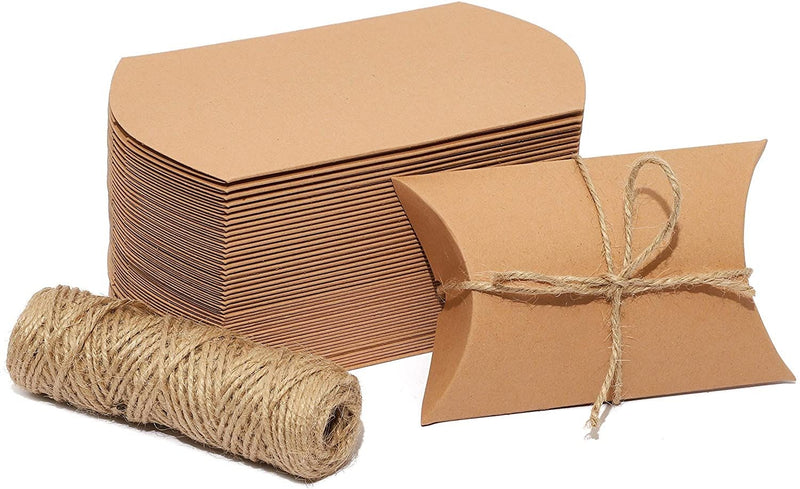 50-Pack Pillow Boxes with Jute Twine - Kraft Paper Pillow Box for Jewelry, Wedding Party Favor, Pen, Gift Card (5x3.5 In)