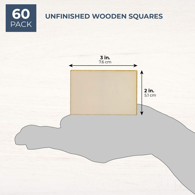 Wood Rectangles for Crafts, Unfinished Wooden Cutout Tile (2x3 in, 60 Pack)