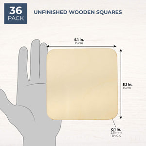 Unfinished Wooden Square Cutouts for Crafts, Rounded Corners (5.1 in, 36 Pieces)