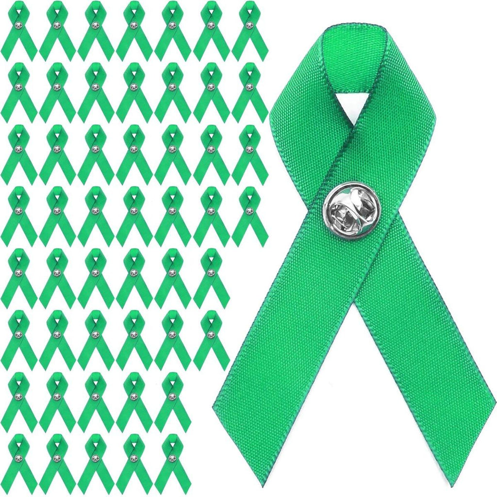 Green Satin Awareness Ribbons with Clutch Pins (5/8 In, 50-Pack)