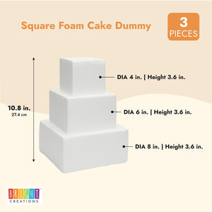 Small Square Foam Cake Dummy for Decorating and Wedding Display, 3 Tiers (10.8 Inches Tall)