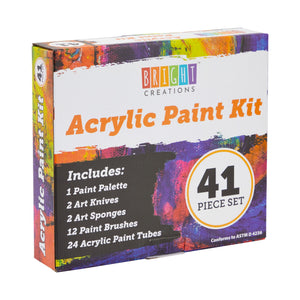 41 Piece Acrylic Paint Set with 12 Brushes, 1 Palette, 2 Art Knives, 2 Sponges, 24 Vibrant Colors