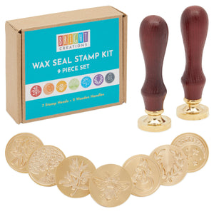 9 Piece Set Wax Seal Stamp Kit, 7 Brass Heads & 2 Wooden Handles for Envelopes, Wedding Invitation, Wine Packages