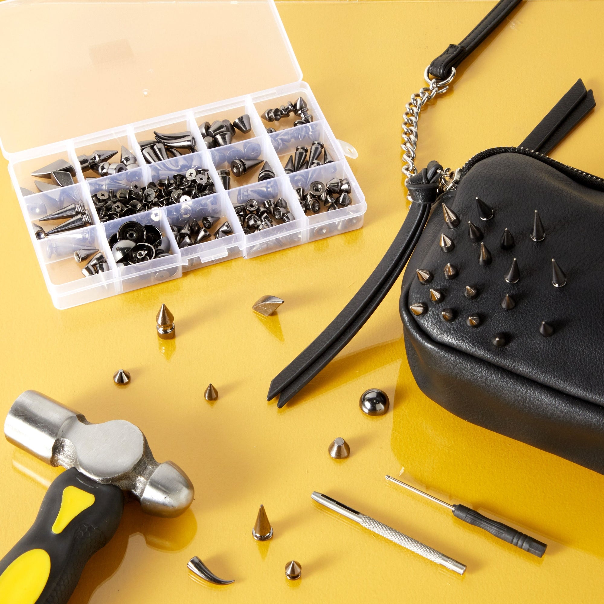 150-Piece Silver Spikes and Studs Set, 13 Assorted Shapes with Screws,  Phillips Screwdriver, Hole Punch Tool, and Plastic Storage Case for Crafts  and Clothing Decorations