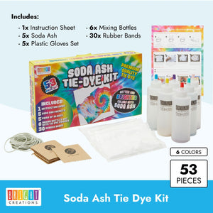 Soda Ash Tie Dye Kit with 6 Colors, Rubber Bands, Gloves, Mixing Bottles (53 Piece Set)