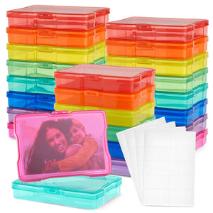 24 Pack Photo Storage Boxes for 4x6 Pictures with 40 Blank Labels, Rainbow Colored Cases, Greeting Card Organizer (64 Total Pieces)