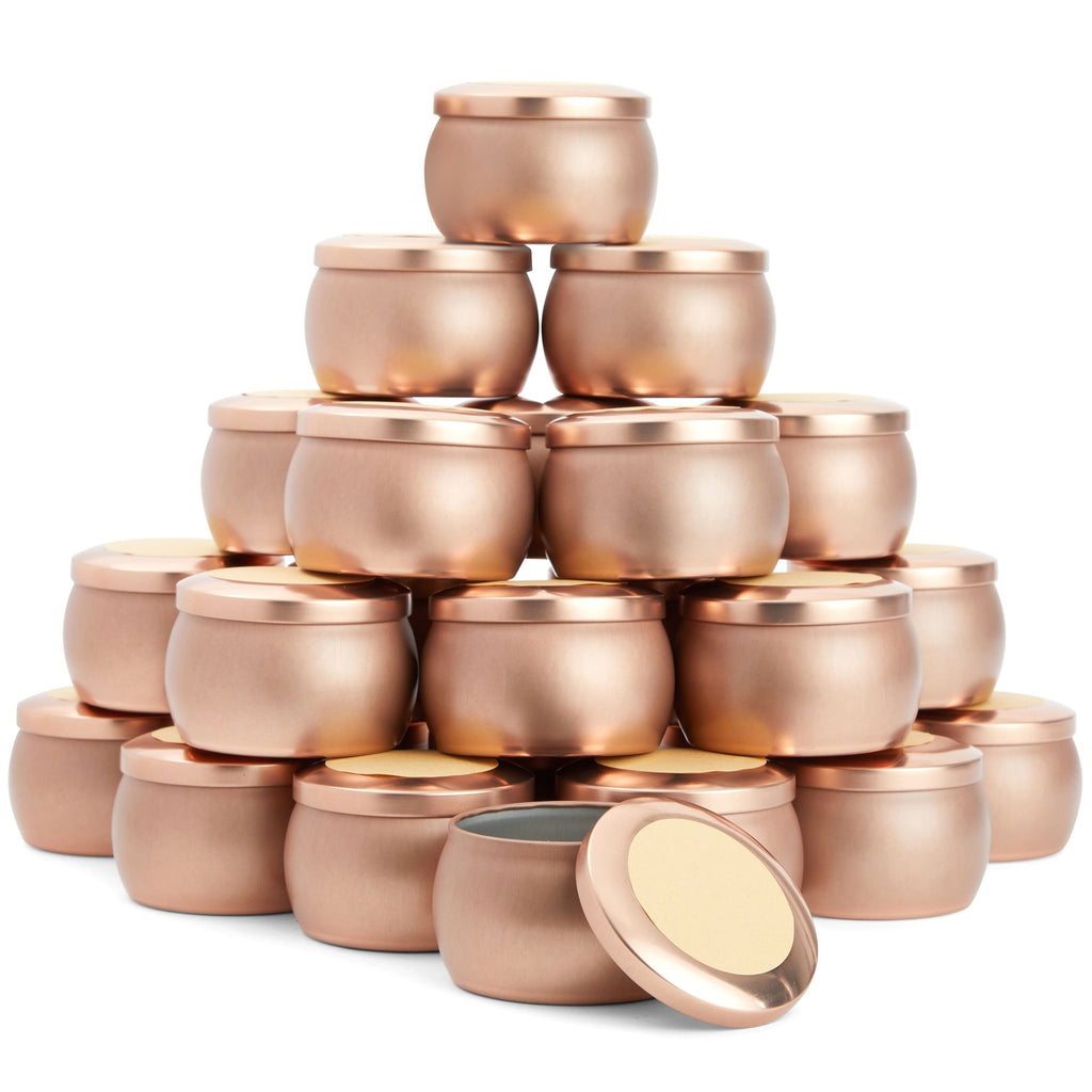 24 Pack Candle Jars for Making Candles 4oz, Bulk Empty Tins with Lids and Labels for DIY Crafts, Gifts (Rose Gold, 3x2 in)