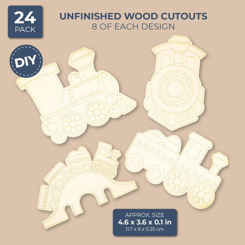 Wood Cutouts for Crafts, Wooden Trains (4.6 x 3.6 in, 24-Pack)