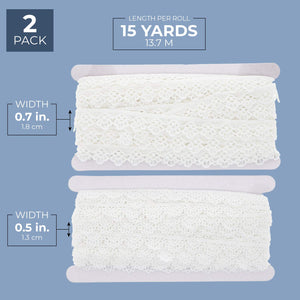 Crochet Lace Ribbons, 15-Yard Rolls (White, 0.5 and 0.7 in Wide, 2-Pack)