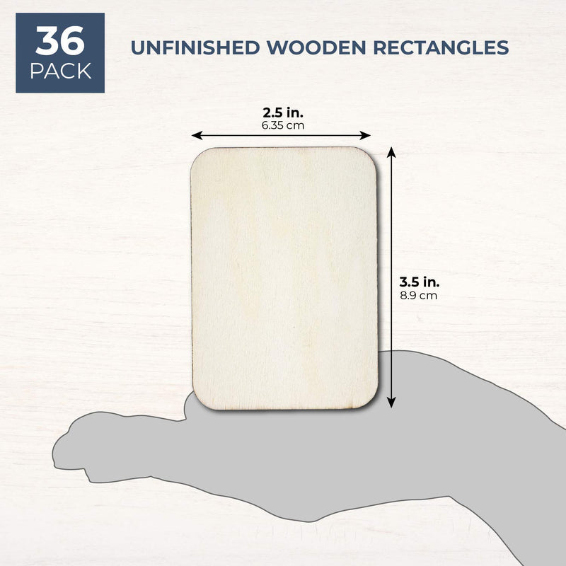 Wooden Cutouts for Crafts, Wood Rectangle (3.5 x 2.5 in, 36 Pack)