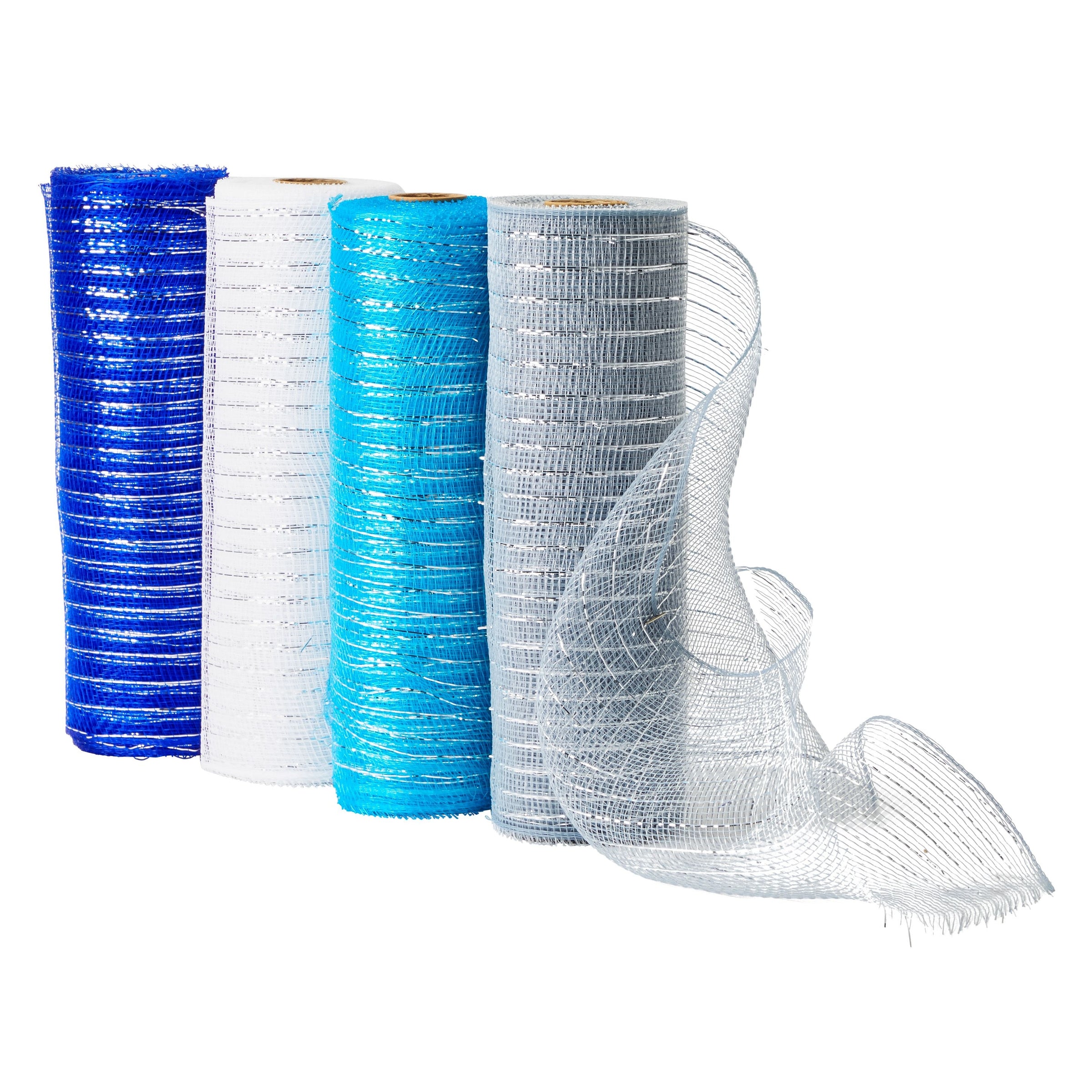 4 Pack 10 inch Deco Mesh Ribbon Rolls for Crafts, Metallic Poly Burlap in Blue/silver/white/royal Blue (30 Ft/10 Yards)