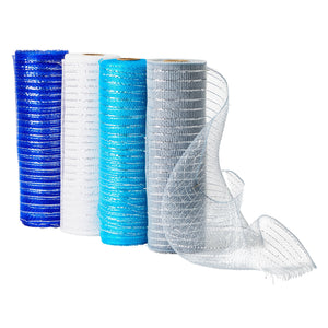 4-Pack Deco Mesh Ribbon Rolls, 10 in x 30 ft Craft Mesh for Wreaths, Centerpieces, Decorations, Metallic Poly Burlap Mesh 10 inches in Blue, Silver, White, and Royal Blue (10 yd)