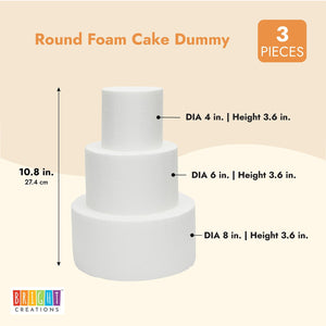 3 Piece Round Foam Cake Dummy Set for Decorating, Faux Cake in 3 Sizes for Birthday, Wedding Display (10.8 Inches Tall)
