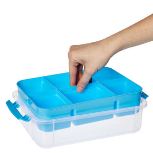Stackable Blue Craft Storage Containers with 2 Trays and Labels, Plastic Grid Organizer Box (10.5 x 7 x 9.5 In)