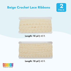 30 Yards Beige Lace Trim, 2 Styles Crochet Scalloped Edge Ribbon Vintage Sewing (15 yd Each, 2 Spools)