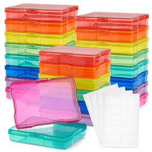 24 Pack Photo Storage Boxes for 4x6 Pictures with 40 Blank Labels, Rainbow Colored Cases, Greeting Card Organizer (64 Total Pieces)