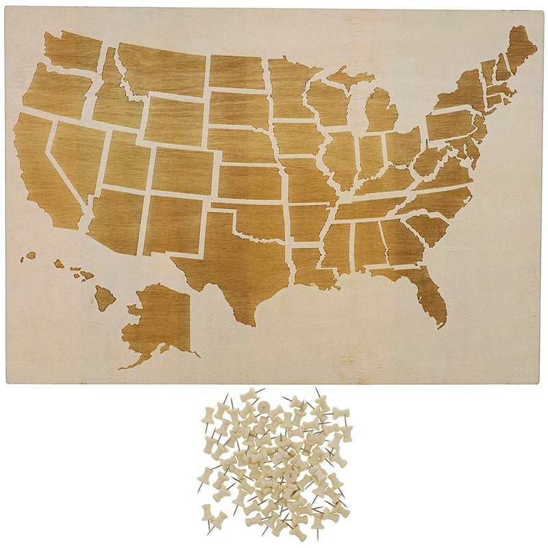 Wooden Cork Board Travel Map with 100 Decorative Push Pins (16.5 x 11.5 In)