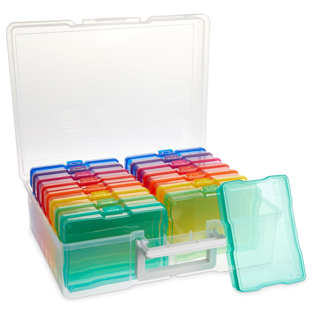 16 Transparent 4x6 Photo Storage Boxes and Organizer with Handle for Pictures, Art Supplies (Rainbow Colors)