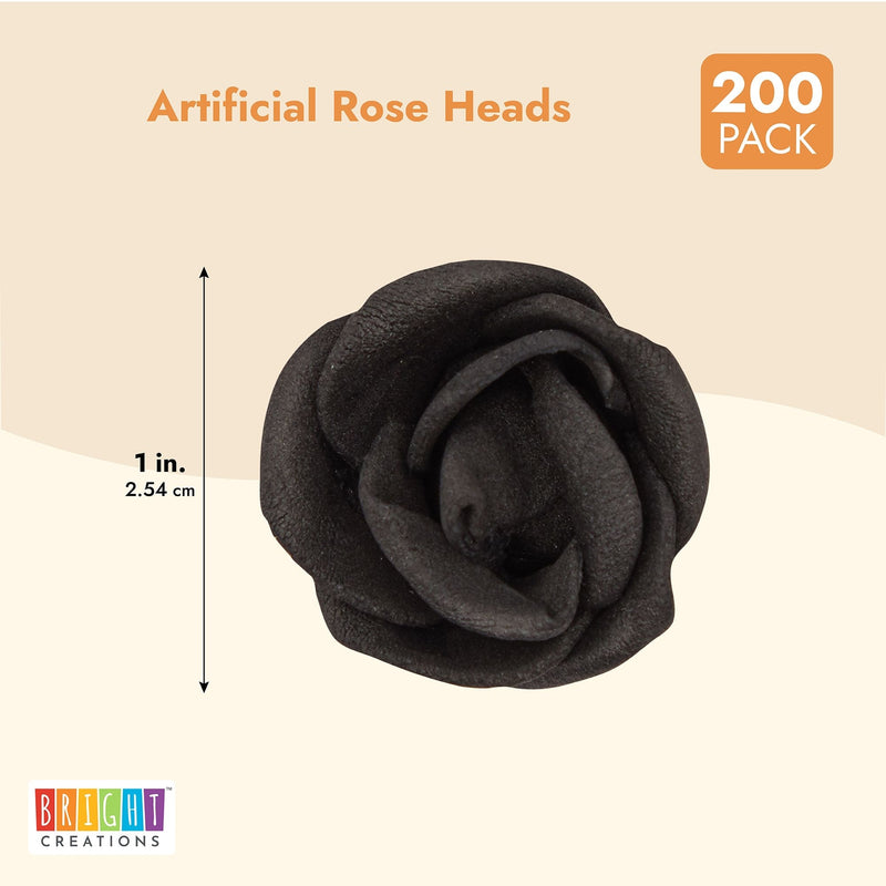 Mini Black Roses for Crafts, Artificial Flower Heads for Decoration (1 In, 200 Pack)