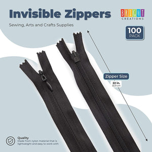 Bright Creations 3# Invisible Zippers for Sewing, Arts and Crafts Supplies (22 in, 2 Colors, 100 Pieces)