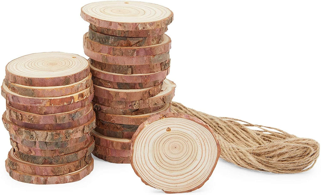 Natural Wood Slices, Predrilled with 33 Feet of Twine (2.4-2.8 in, 30 Pieces)