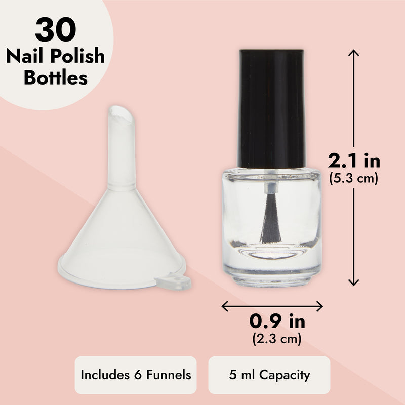 30 Pack Mini Empty Nail Polish Bottles with Brush Cap, 5ml Refillable Glass Containers with 6 Plastic Funnels
