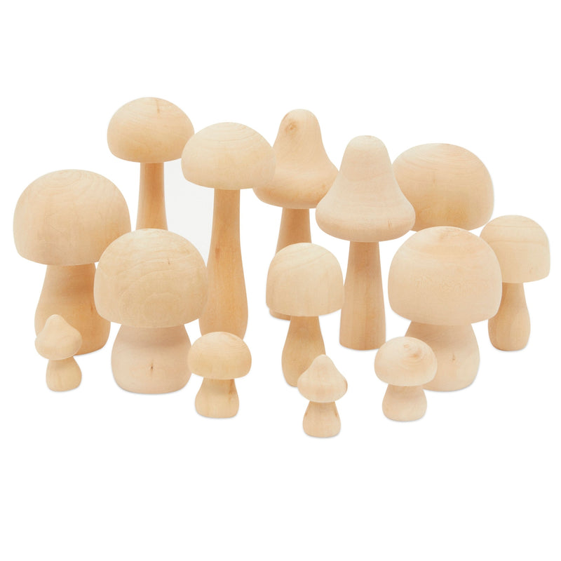 Mini Wooden Mushrooms to Paint, Unfinished Wood Figurines for Craft Ornament (7 Sizes, 14 Pack)
