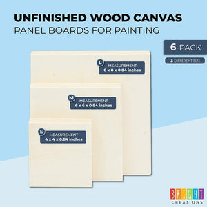 Bright Creations Unfinished Wood Canvas Boards for Crafts and Painting (3 Sizes, 6 Pack)