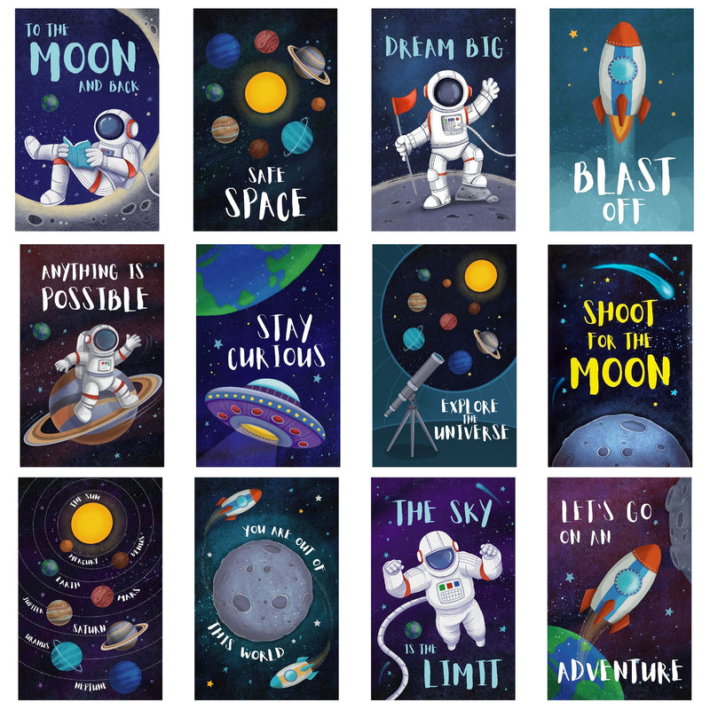 12 Pack Outer Space Posters for Classroom Decor, Kids Room Decorations, Inspirational Quotes (11 x 17 in)