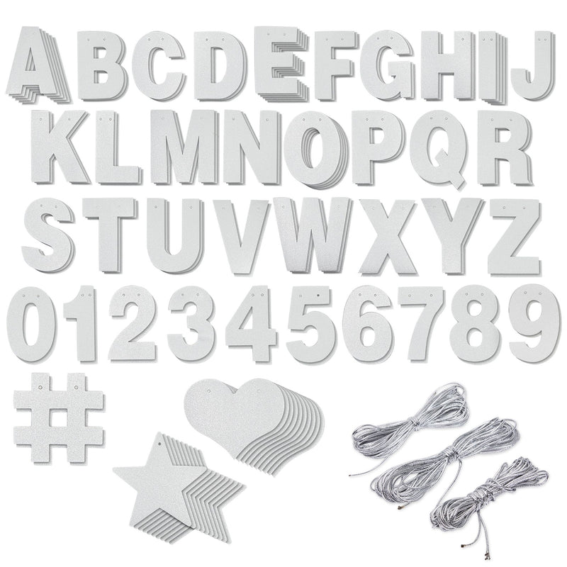 130-Piece DIY Silver Glitter Make Your Own Banner Kit with Letters, Numbers, Symbols, and String for Birthdays, Weddings, and Party Supplies Decor (5-Inch Letters)