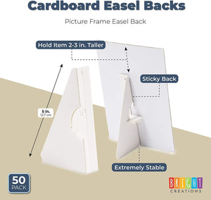 50-Pack Self-Stick 5 in Cardboard Easel Backs, Picture Frame and Art Easel Stand Bulk Pack for Photographs, Artwork, Posters, Signs, and Craft Projects (White)