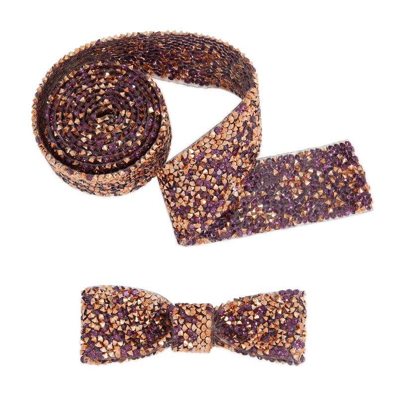 Set of 3 Purple and Copper Rhinestone Ribbon Rolls, 4-Foot Rolls of Glitter Tape in 3 Widths for Sewing, Gift Wrapping, Costume and Jewelry Making, Crafting and Art Supplies