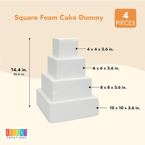 Square Foam Cake Dummy for Decorating and Wedding Display, 4 Tiers of 4" 6" 8" 10" Dummies (14.4 Inches Tall)