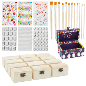 Unfinished Wood Box with Rhinestone Stickers and Paint Brushes (30 Piece Set)