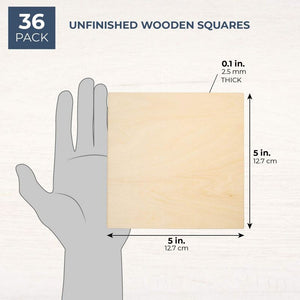 36 Pack 5x5 Wooden Squares for Crafts, Unfinished Wood Tiles for