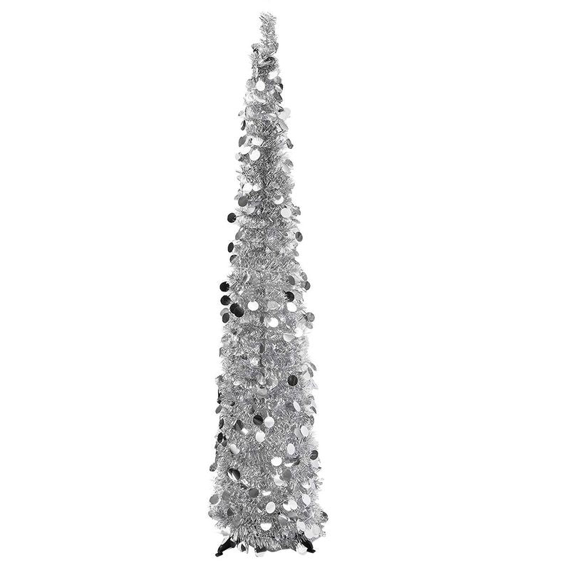Tinsel Christmas Tree for Holiday Decoration, Xmas Pencil Tree (Silver Metallic, 5 Ft)