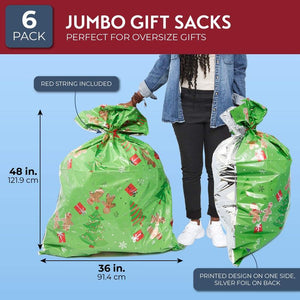 Gingerbread Christmas Tree Jumbo Gift Sacks for Large Gifts (Green, 3 x 4 Ft, 6 Pack)