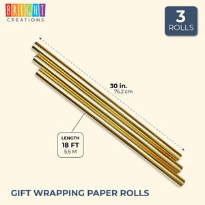 Gift Wrapping Paper Rolls (30 in x 18 Ft, Gold, 3-Pack)
