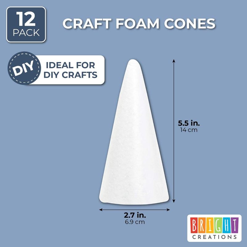 Foam Cones for Crafts (2.7 x 5.5 in, White, 12 Pack