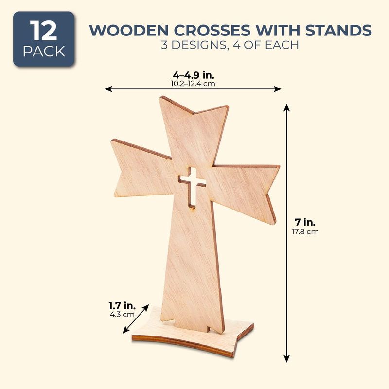 Bright Creations 12 Pack Unfinished Small Wooden Crosses with Gold String  for DIY Crafts, Wood Cross Ornaments for Easter Tree (3.8 x 5 in)
