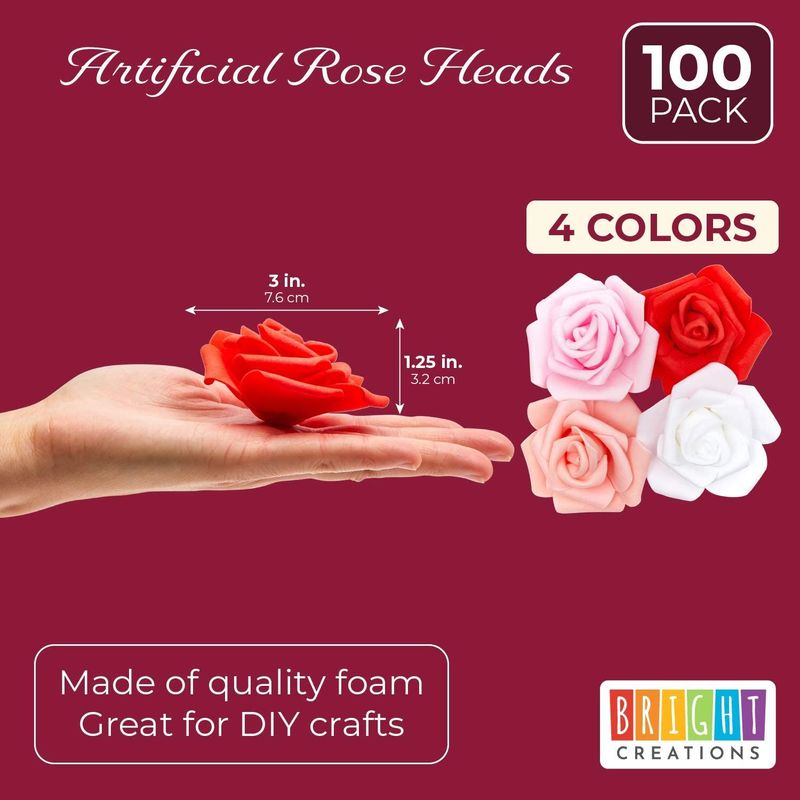 Artificial Rose Flower Heads (3 x 3 x 1.25 in, 4 Colors, 100 Pack)