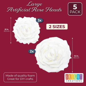 Artificial White Rose Flower Heads for Crafts (2 Sizes, 5 Pieces)