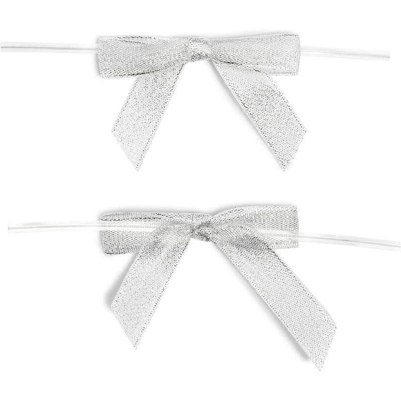 Silver Satin Bow Twist Ties for Treat Bags (100 Pack)