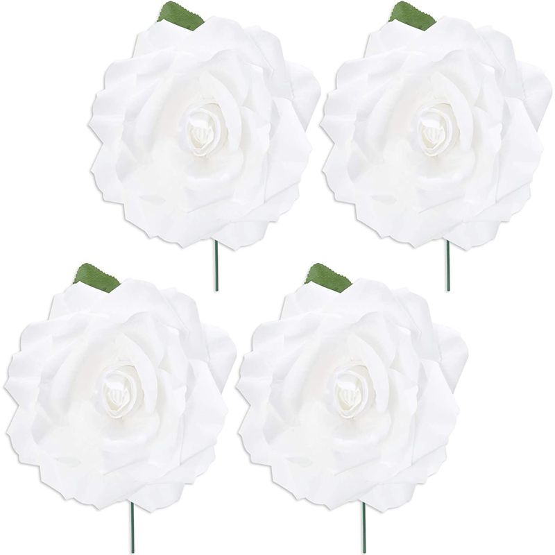 Bright Creations Artificial Silk Rose Flower Heads for Decorations (White, 4 Pack)