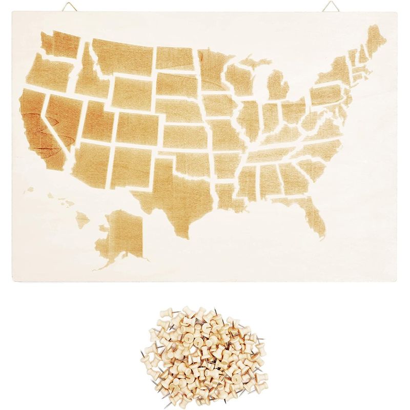 Wooden USA Map, Includes 100 Push Pins (16.5 x 11.5 Inches)