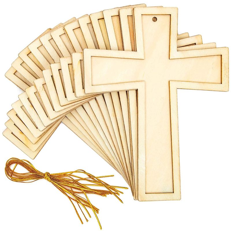 12 Pack Wooden Crosses with Gold String for Crafts, DIY Cross